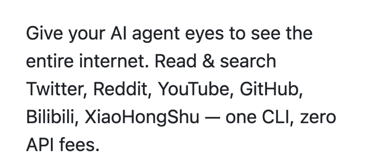 The Agent Reach repository About box on GitHub, describing it as a way to read and search Twitter, Reddit, YouTube, GitHub, Bilibili and XiaoHongShu from one CLI with zero API fees