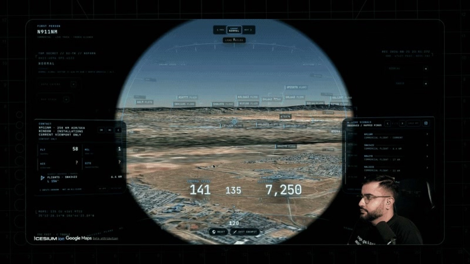 Cockpit mode on the globe: the view from a live tracked aircraft with its instrument overlay