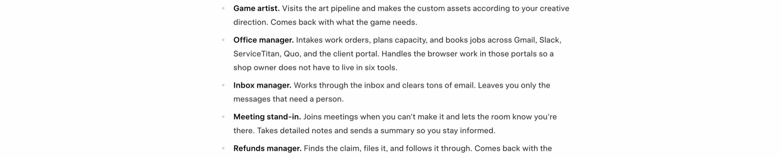xAI's own list of jobs Bots are doing today, including office manager (books jobs across Gmail, Slack, ServiceTitan and the client portal) and refunds manager (finds the claim, files it, and follows it through)