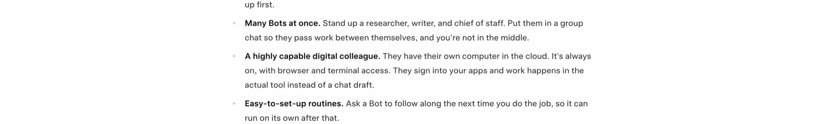 xAI's own description of a Grok Bot: many Bots at once passing work between themselves, and a highly capable digital colleague with its own computer in the cloud, always on, with browser and terminal access