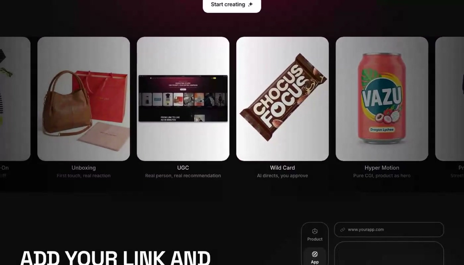 Higgsfield's ad generator showing a row of finished product ads it produced: an unboxing, a chocolate bar and a drinks can, each in a different ad format