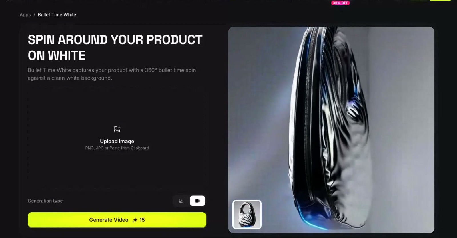 Higgsfield's Bullet Time White page, headed SPIN AROUND YOUR PRODUCT ON WHITE, with a metallic bag captured mid-rotation against a plain background