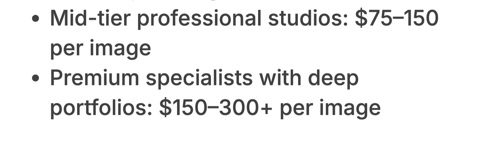 Squareshot's published per-image pricing, listing mid-tier professional studios at $75 to $150 per image and premium specialists with deep portfolios at $150 to $300 or more per image
