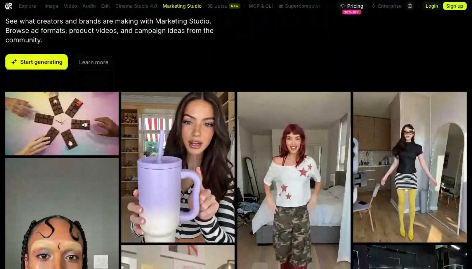 Higgsfield's Marketing Studio gallery of generated UGC-style clips: a person holding a drinks tumbler to camera, a try-on clip filmed in a bedroom, and hands holding a chocolate bar