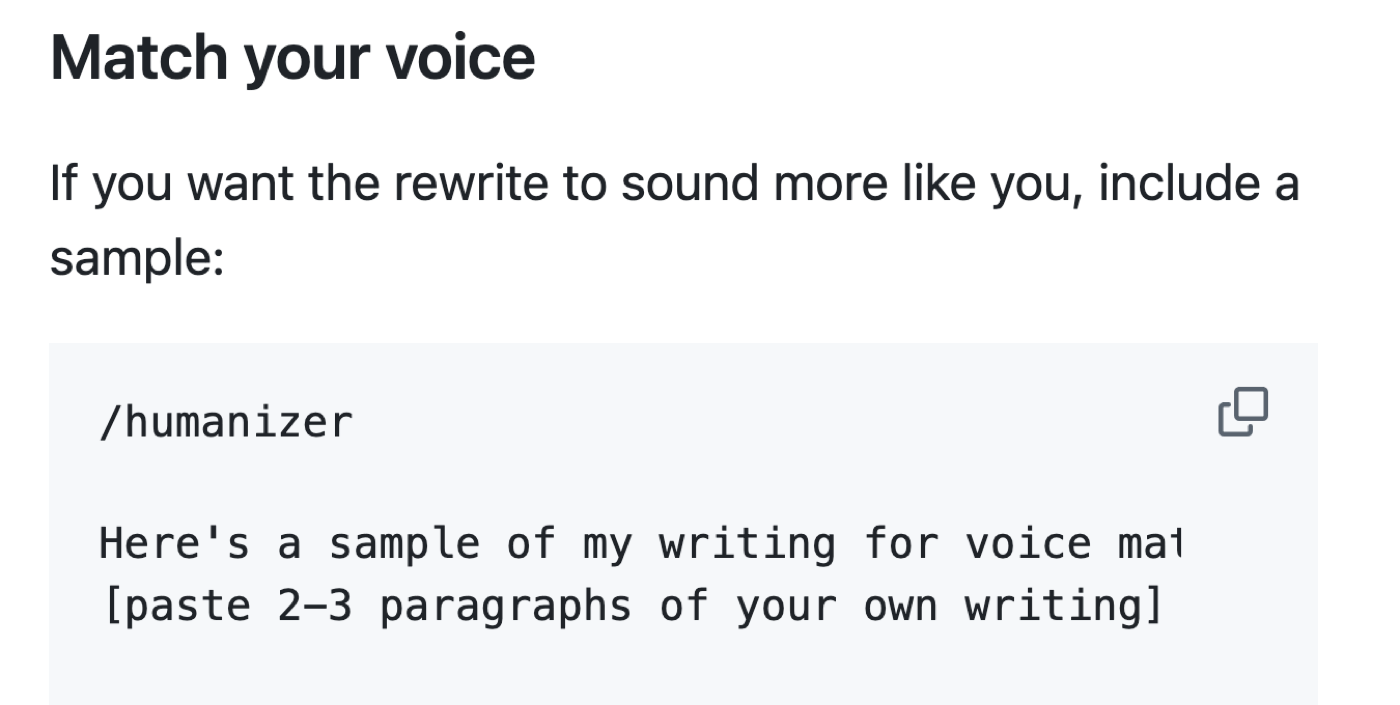 The project describing how it matches the writer's own voice rather than imposing a single style