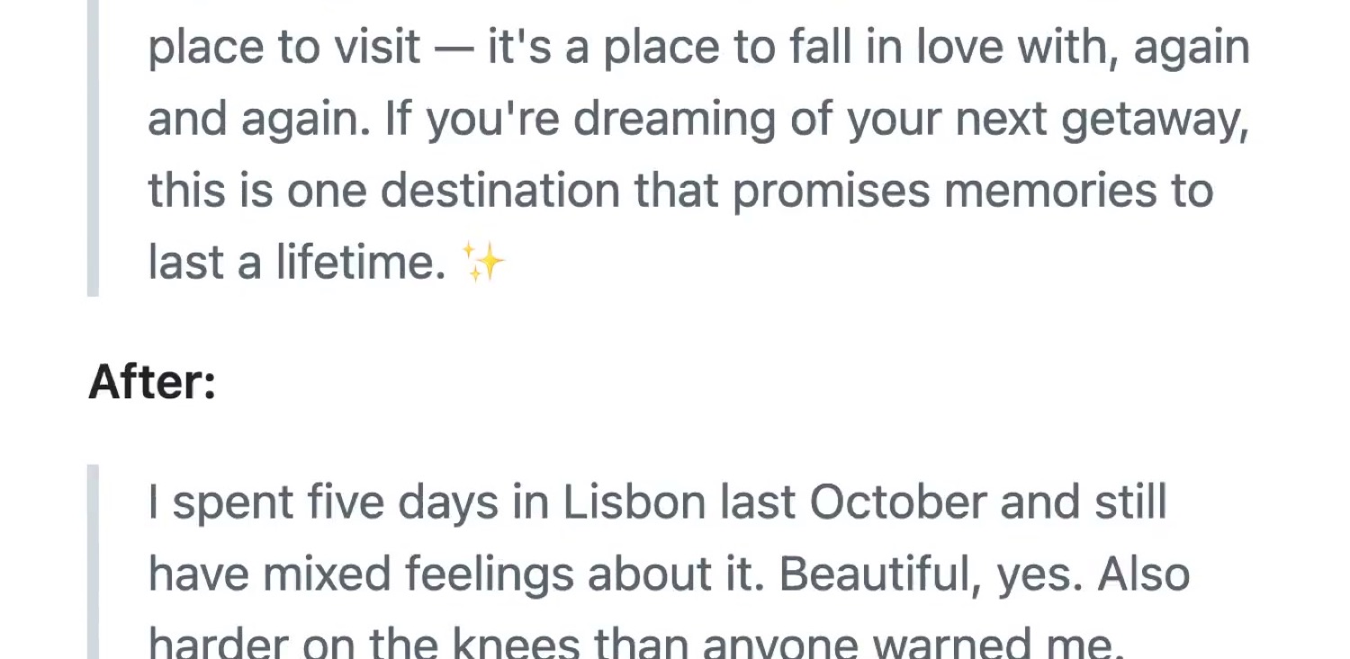 The project's before and after example, showing a passage rewritten to remove the AI patterns while keeping its meaning