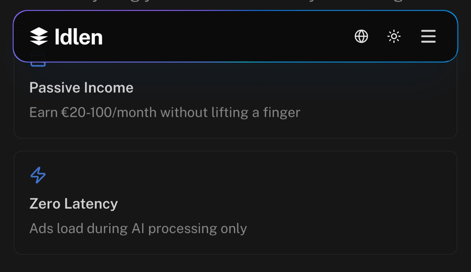Idlen's home page headline: earn EUR 20 to 100 a month without lifting a finger