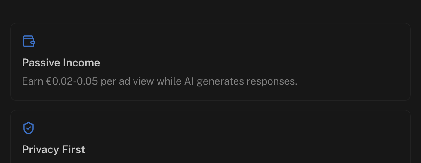 Idlen's page stating you earn 0.02 to 0.05 euro per ad view while the AI generates responses