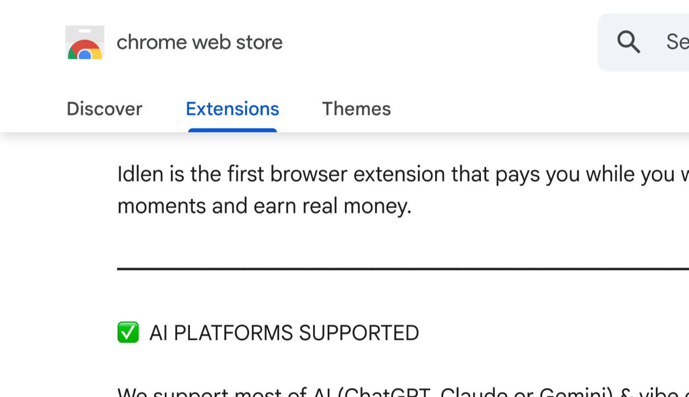 Idlen's Chrome Web Store description with a privacy guaranteed section stating it never reads your prompts or AI conversations