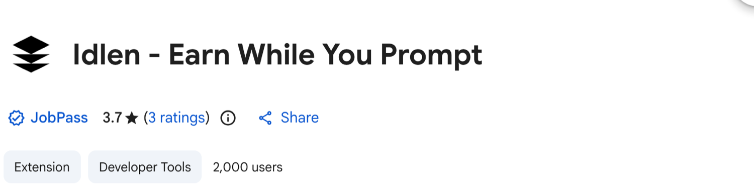 The Chrome Web Store listing for Idlen, Earn While You Prompt, by JobPass, rated 3.7 stars from 3 ratings, with 2,000 users
