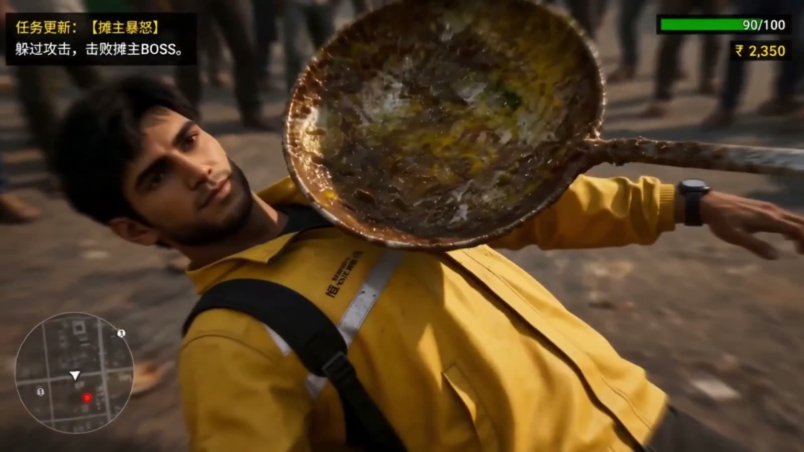 AI-generated frame of a street vendor swinging a huge dirty wok at the player character, with a boss fight mission card on screen