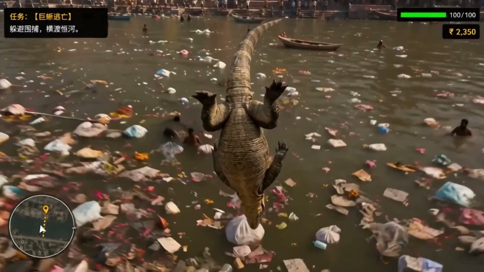 AI-generated frame of a giant lizard crossing a river completely covered in floating rubbish, with a game mission card and minimap on screen