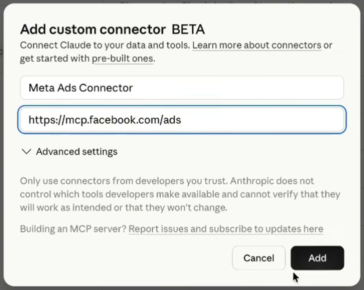 Claude's Add custom connector dialog with the name Meta Ads Connector and the server URL https://mcp.facebook.com/ads entered