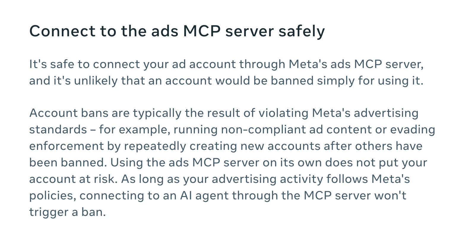 Meta Business Help Centre section titled Connect to the ads MCP server safely, saying it is unlikely an account would be banned simply for using it