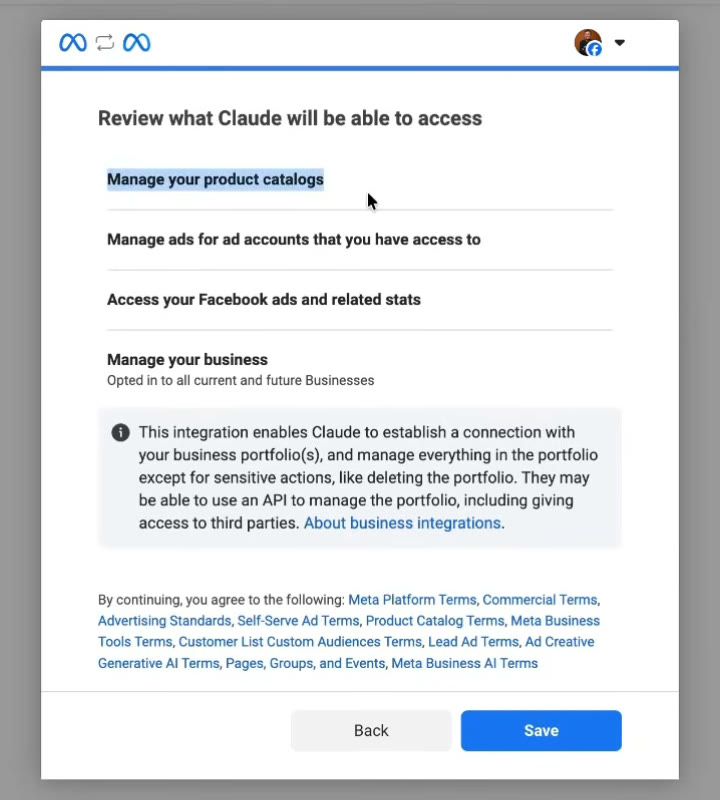 Meta's Facebook Login screen titled Review what Claude will be able to access, listing product catalogs, managing ads, ads stats and managing your business