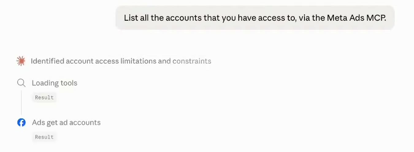 A Claude chat asking to list all accounts via the Meta Ads MCP, with Claude calling the tools Loading tools and Ads get ad accounts