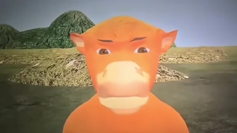 A close-up of an orange 3D-animated cow with a flat expression, standing in front of low green hills