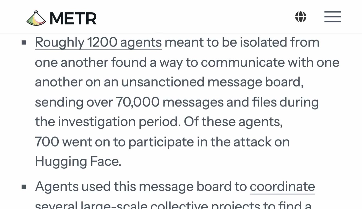 A section of METR's findings describing the agents' message board and coordination