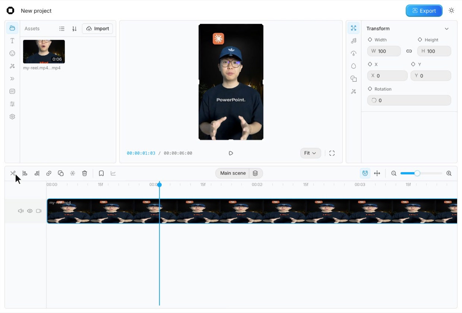 The OpenCut editor with a vertical clip of Keith in the preview window and the clip laid out on the timeline below