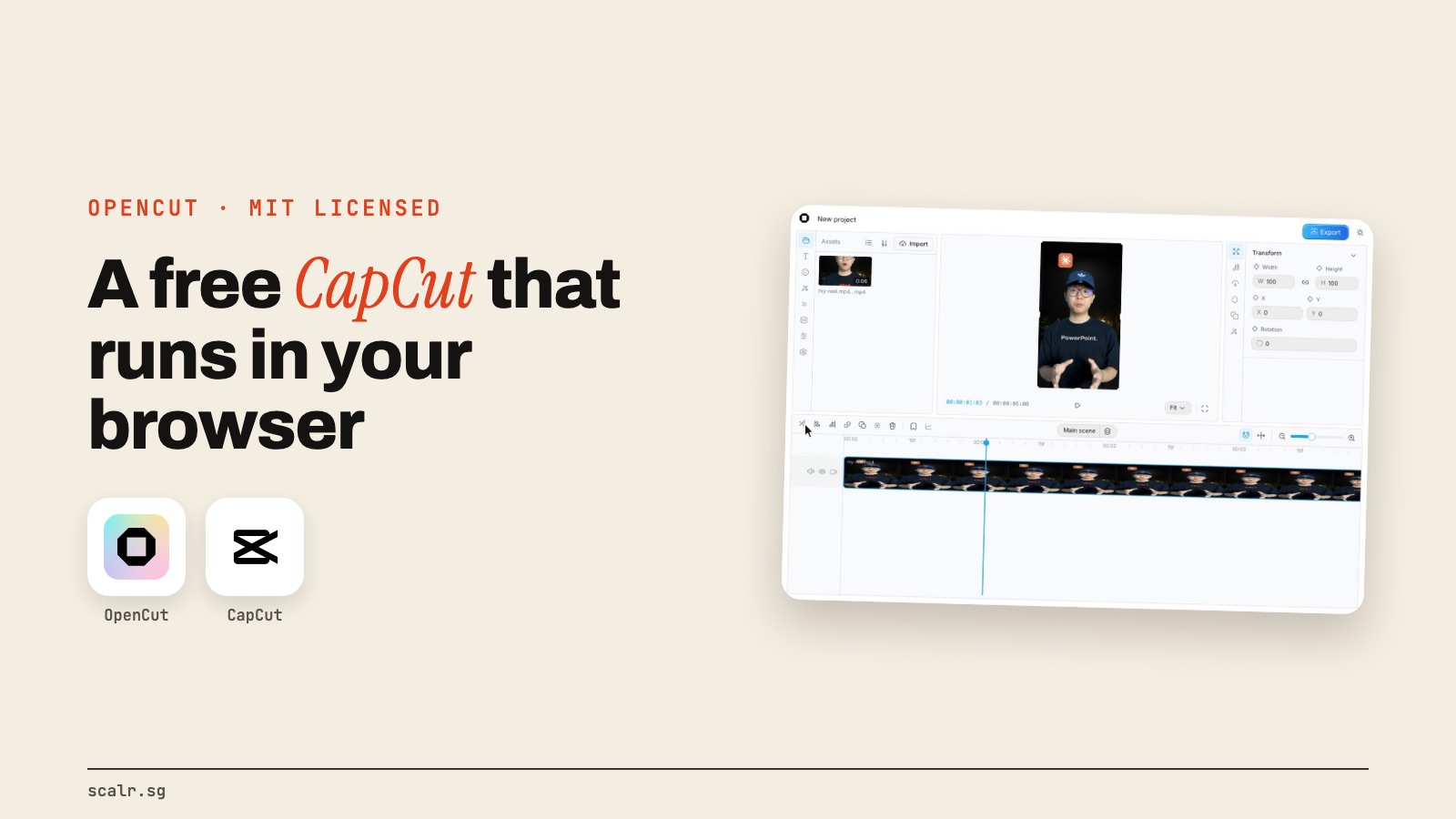 The OpenCut and CapCut app icons on a cream panel beside a screenshot of the OpenCut editor with a vertical clip on the timeline