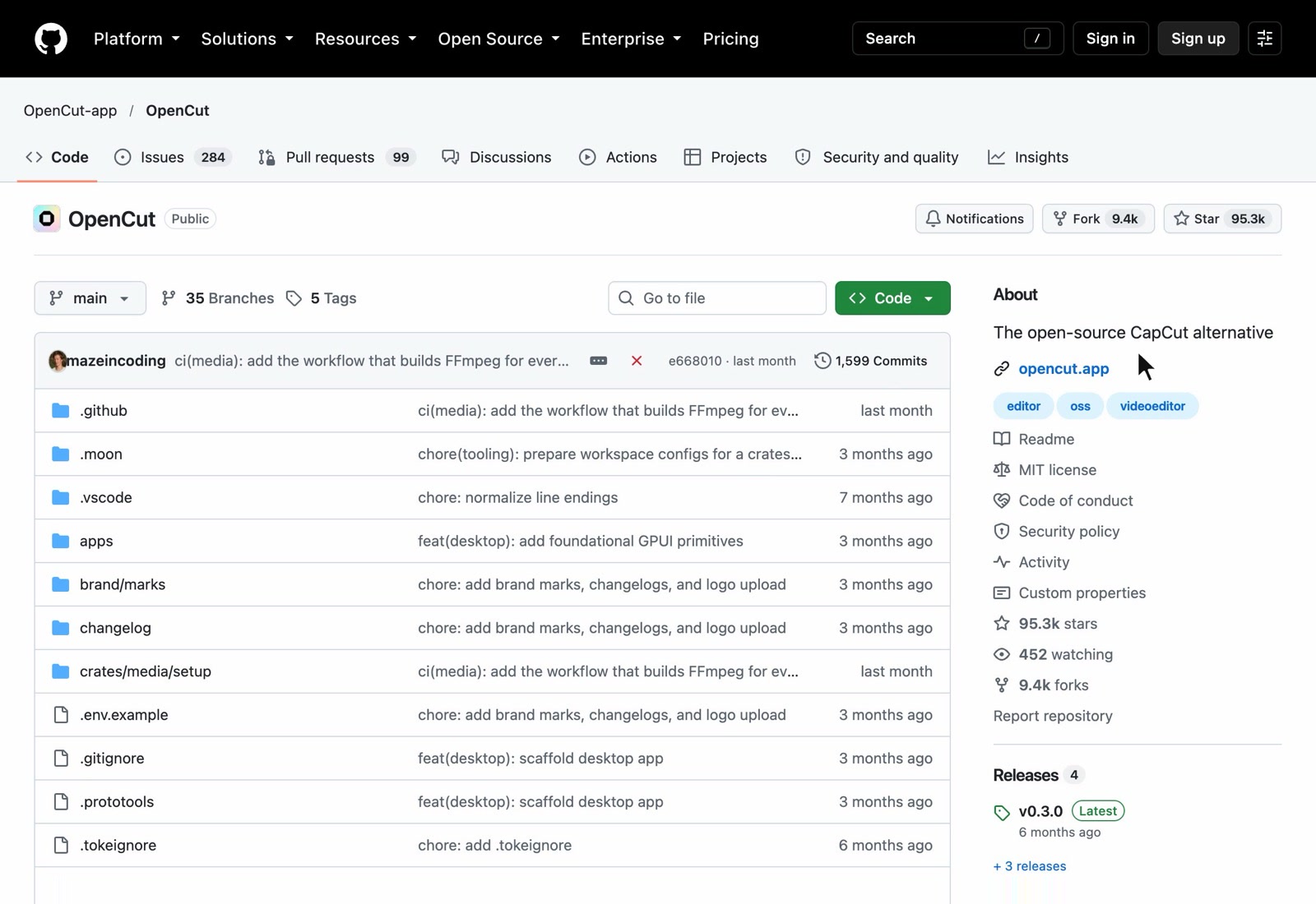The OpenCut repository on GitHub with the tagline The open-source CapCut alternative, an MIT license and 95.3k stars