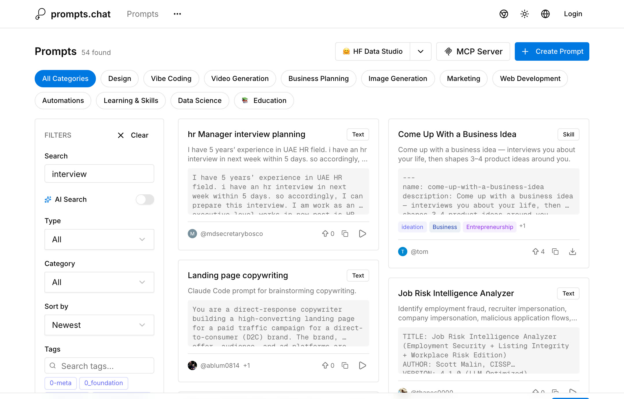 Searching prompts.chat for interview and getting the prompt that makes the assistant act as a hiring manager