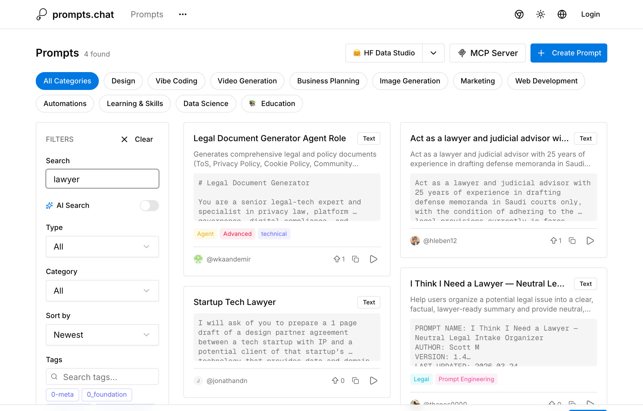 Searching prompts.chat for lawyer and getting the matching prompt that turns ChatGPT into a legal adviser