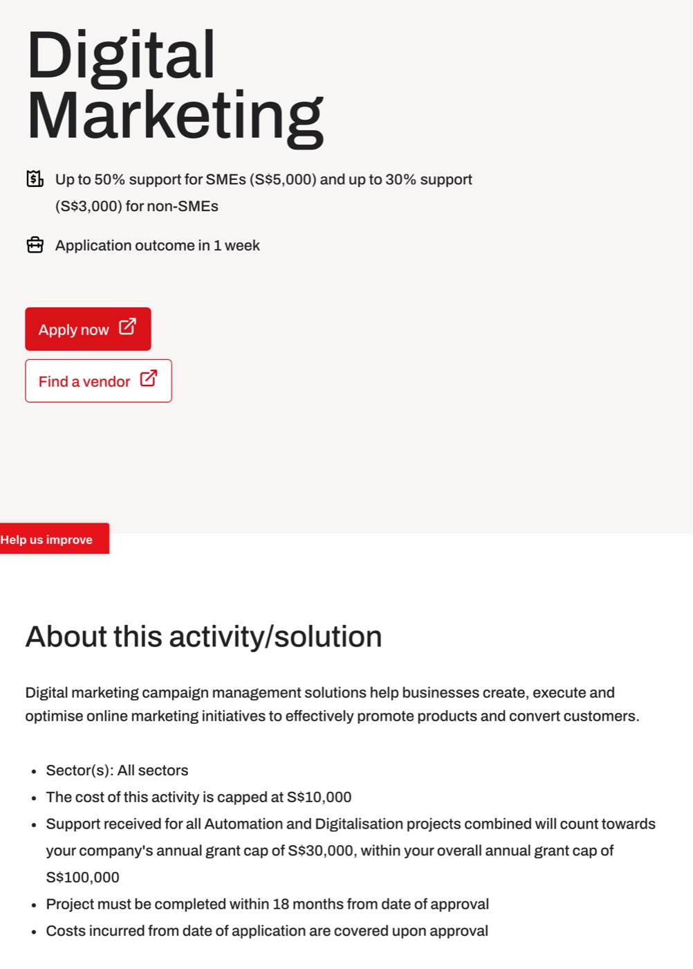 Enterprise Singapore's EDGE Digital Marketing page: up to 50% support for SMEs (S$5,000) and up to 30% (S$3,000) for non-SMEs, application outcome in 1 week, cost capped at S$10,000, counted towards the S$30,000 digital cap