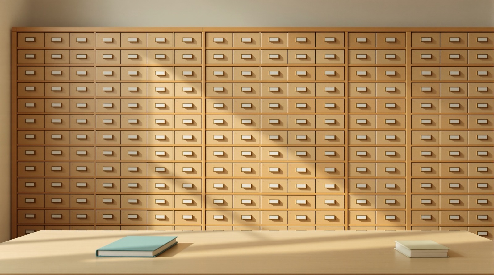 A wall of labelled wooden card-catalog drawers in warm daylight, with a teal notebook on the desk in front