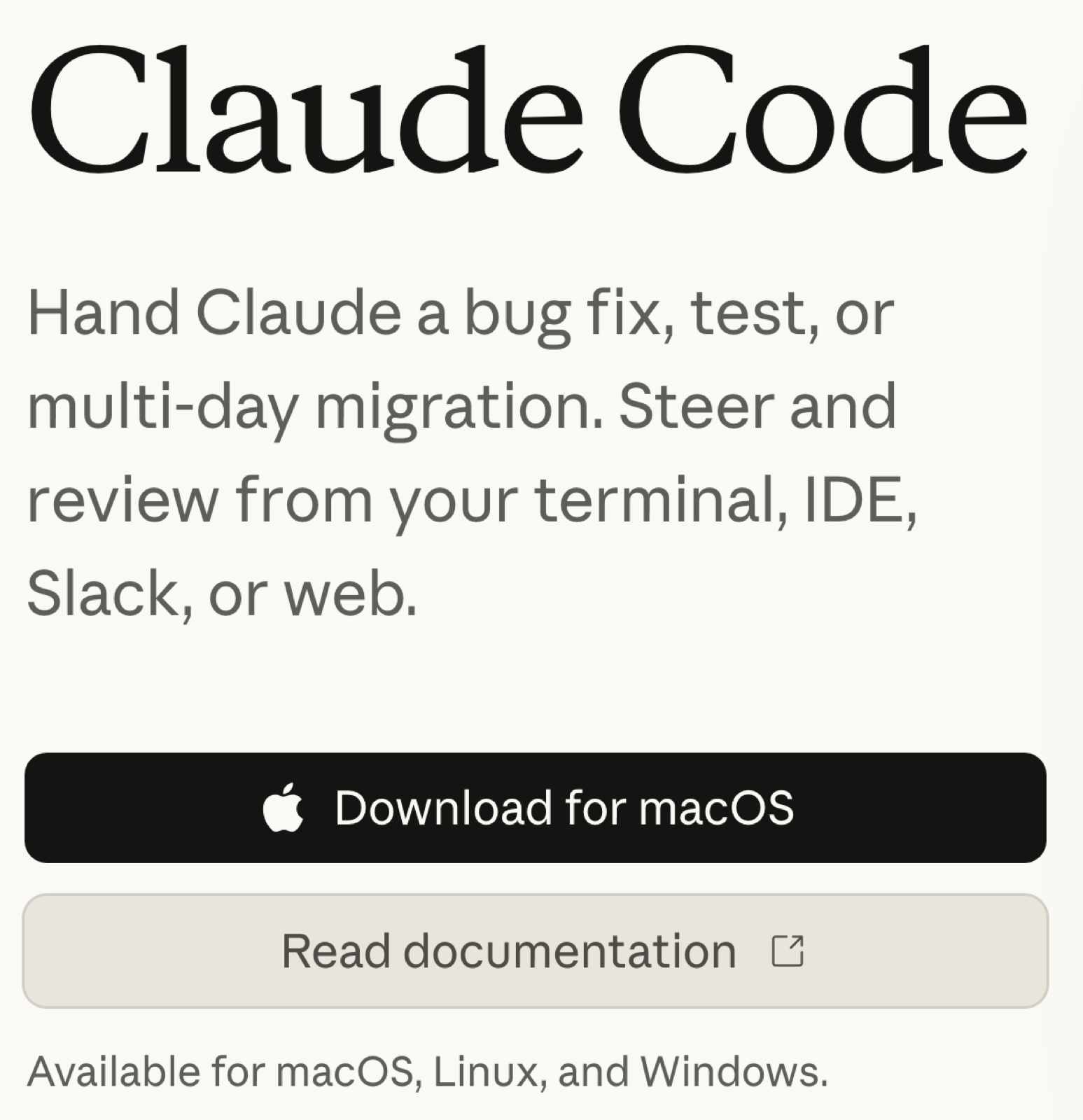 Claude Code's product page with the headline Claude Code, a download for macOS button and Read documentation