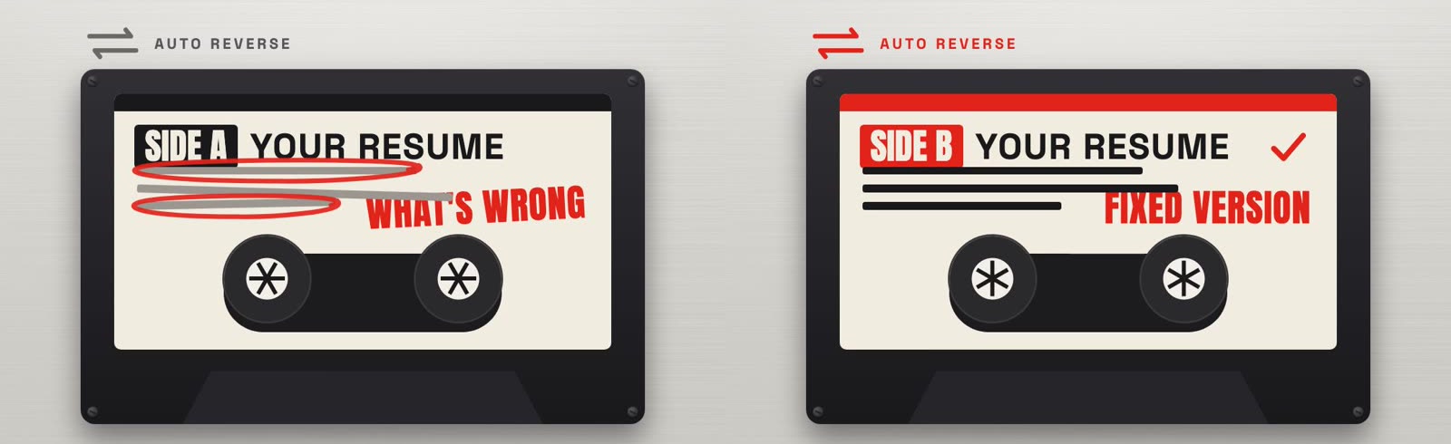 Two frames from the reel: a cassette labelled Side A, your resume, what's wrong, then Side B, your resume, fixed version