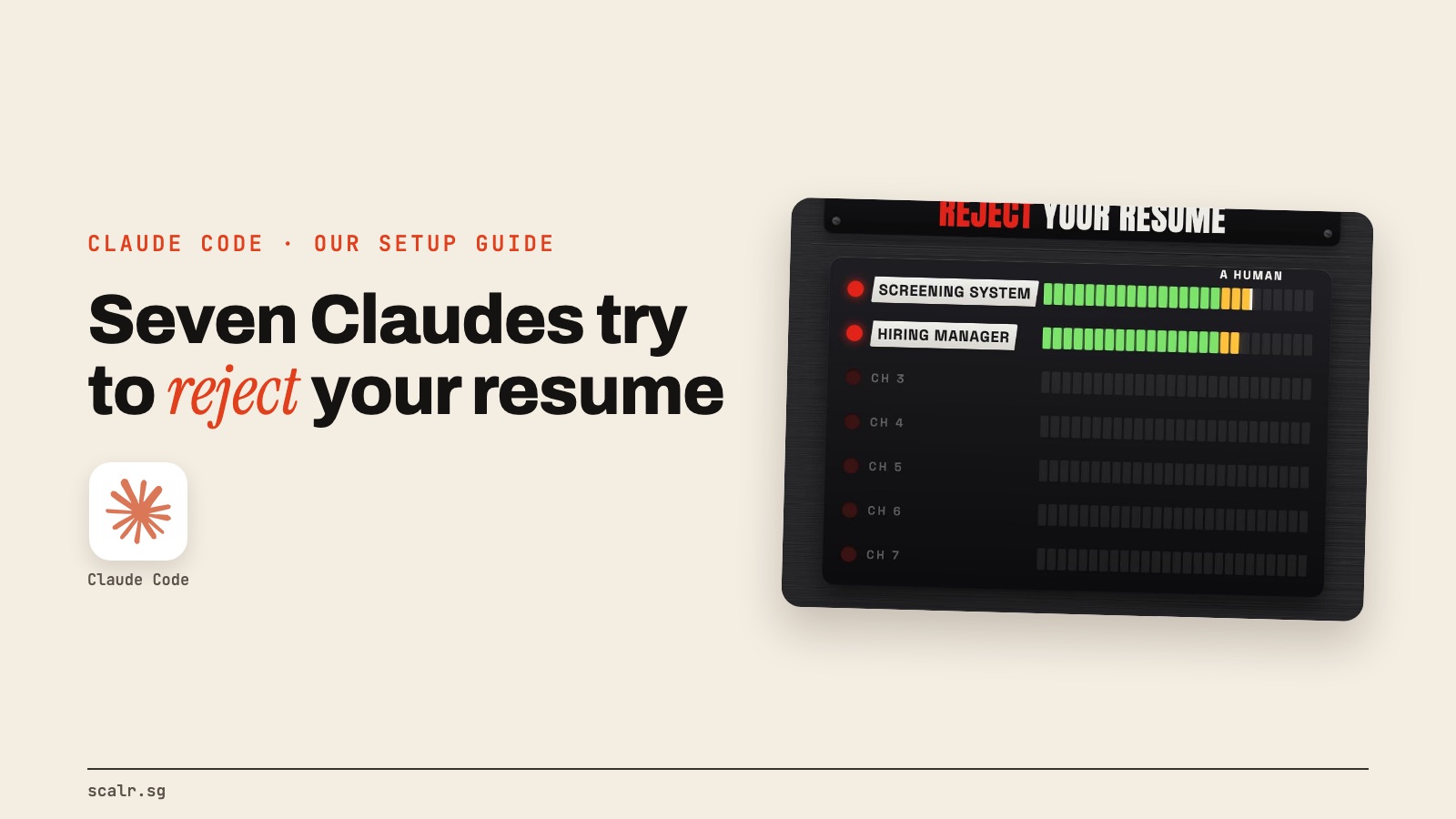 A cream panel reading Seven Claudes try to reject your resume beside a mixing-desk style board with channels labelled screening system and hiring manager