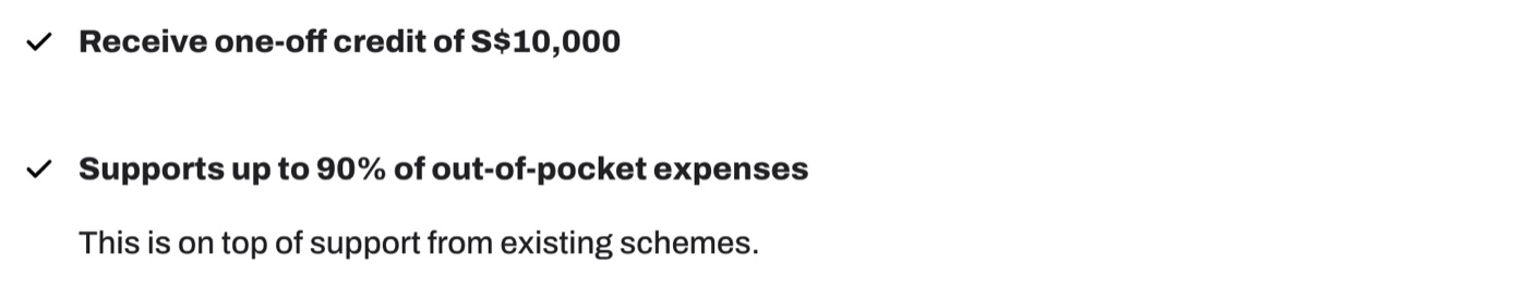 Enterprise Singapore text confirming employers receive a one-off credit of S$10,000 that supports up to 90 percent of out-of-pocket expenses