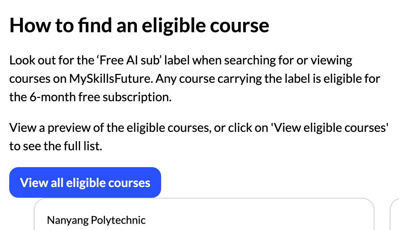 The Free AI sub label shown on an eligible course listing on MySkillsFuture