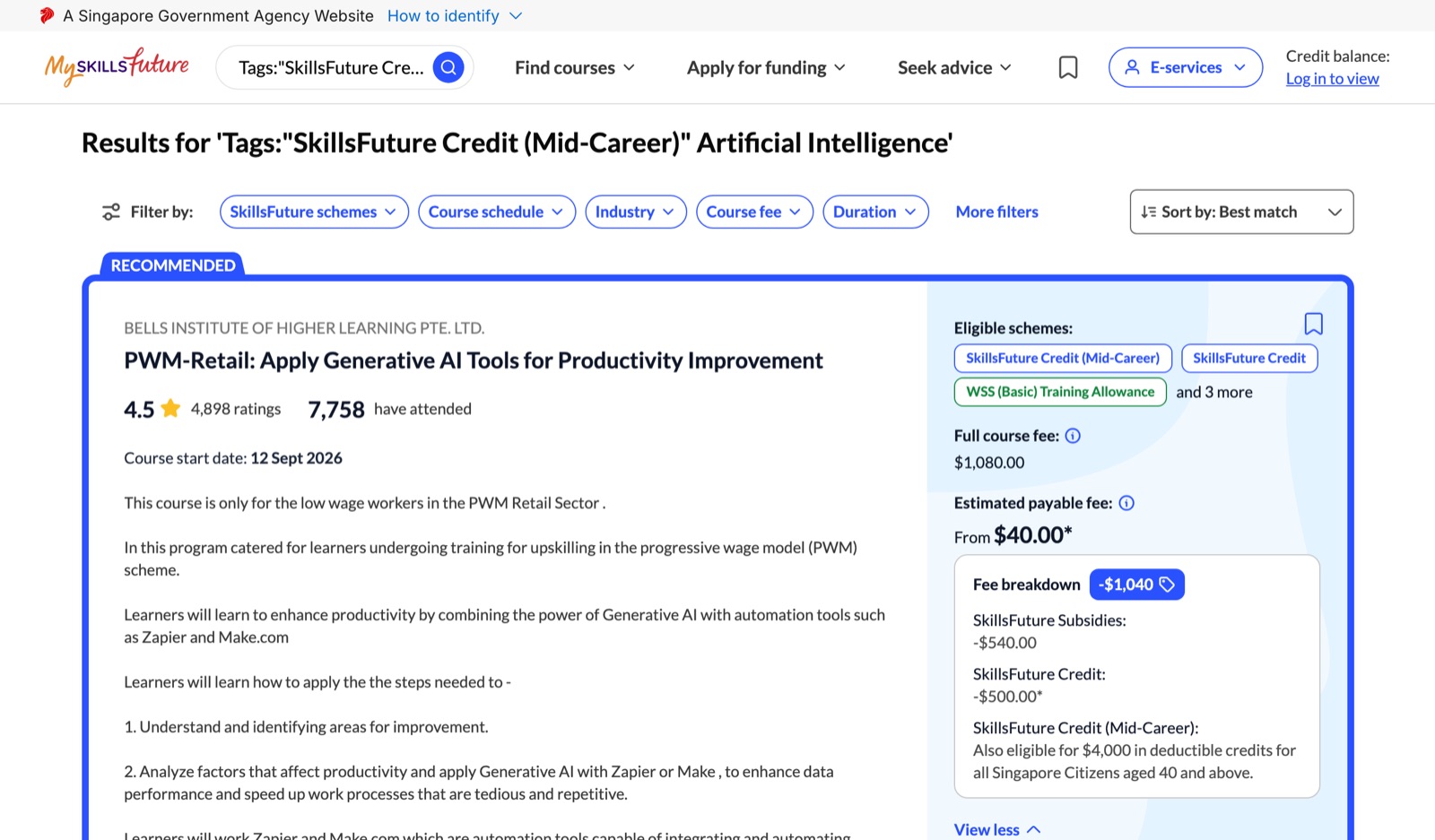 MySkillsFuture search results for the SkillsFuture Credit (Mid-Career) tag plus Artificial Intelligence. The first result, PWM-Retail: Apply Generative AI Tools for Productivity Improvement, shows a SkillsFuture Credit (Mid-Career) eligible-scheme badge and a fee breakdown reading: SkillsFuture Credit (Mid-Career), also eligible for $4,000 in deductible credits for all Singapore Citizens aged 40 and above.