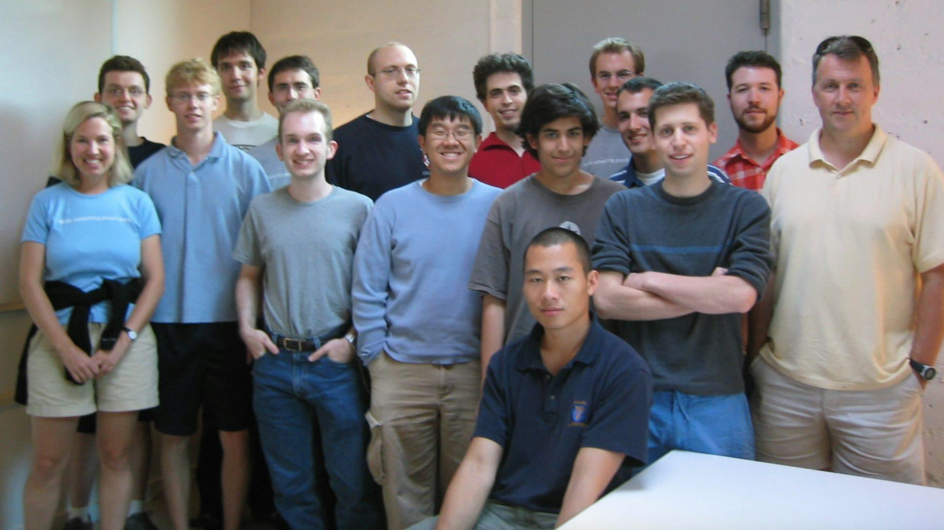 Y Combinator's first batch, Summer 2005, photographed together as a group. Sam Altman, Steve Huffman and Emmett Shear are among the fourteen people in the picture.