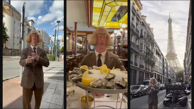 Three frames of Jean Phil, the AI character with a blond bob, curled moustache and houndstooth suit: shadowboxing on a street corner, seated behind a platter of oysters in a brasserie, and standing in a Paris street with the Eiffel Tower behind him