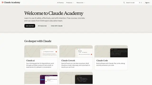 The Claude Academy homepage, offering free courses, tutorials and completion badges from Anthropic's education team