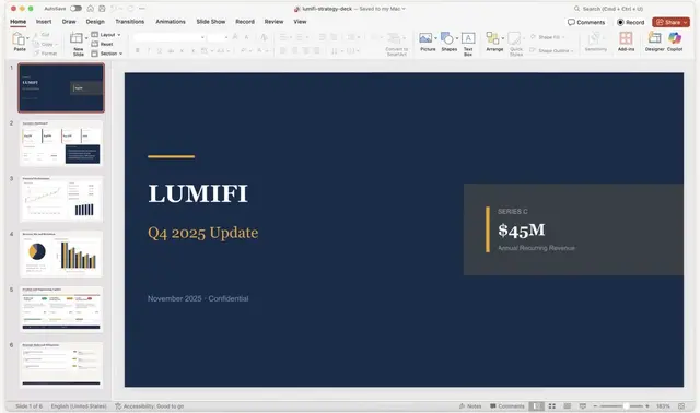 A six-slide strategy deck called LUMIFI, built by Claude, open in Microsoft PowerPoint on a Mac, with the navy title slide showing Q4 2025 Update and 45 million dollars in annual recurring revenue