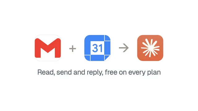 The Gmail and Google Calendar logos with an arrow to the Claude logo: read, send and reply, free on every plan