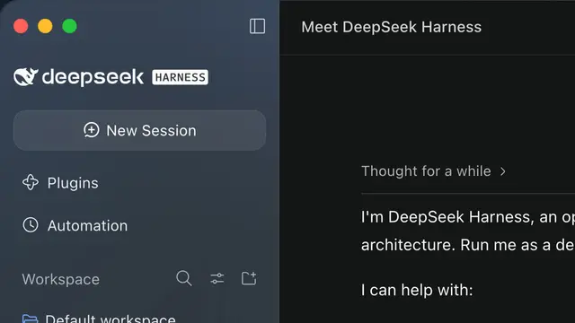 DeepSeek's agent app window, with the DeepSeek whale logo in the sidebar above New Session, Plugins and Automation, and the app introducing itself in the chat panel