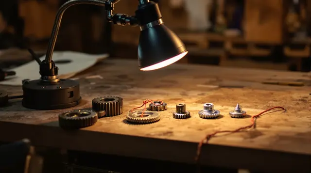 A mechanic's inspection lamp lighting up a row of gears on a workbench, with one flagged by a loop of red string, representing an audit that lights up what needs attention first