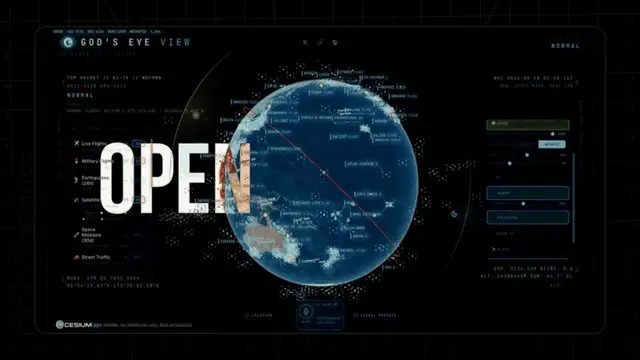 God's Eye View running: a photorealistic 3D globe with an orbital heads-up display and live tracked objects