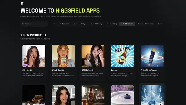 Higgsfield's own Ads & Products gallery, showing real generated examples: a UGC-style product hold, a poster ad, and a product spinning inside a dynamic background