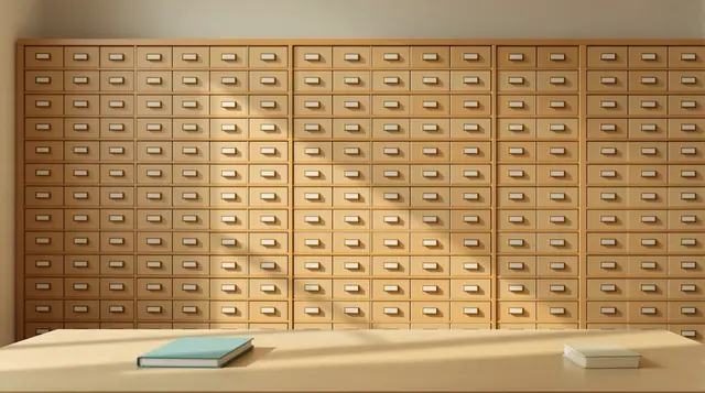 A wooden card-catalog archive drawer in warm light, representing a business's private memory system