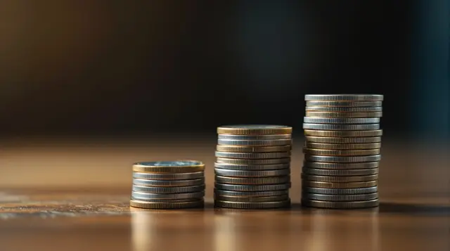 Three short stacks of coins arranged in ascending height on a warm-lit wooden desk, representing government money stacking on top of itself