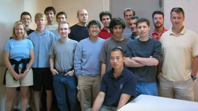 Y Combinator's first batch, Summer 2005, photographed together as a group. Sam Altman, Steve Huffman and Emmett Shear are among the fourteen people in the picture.