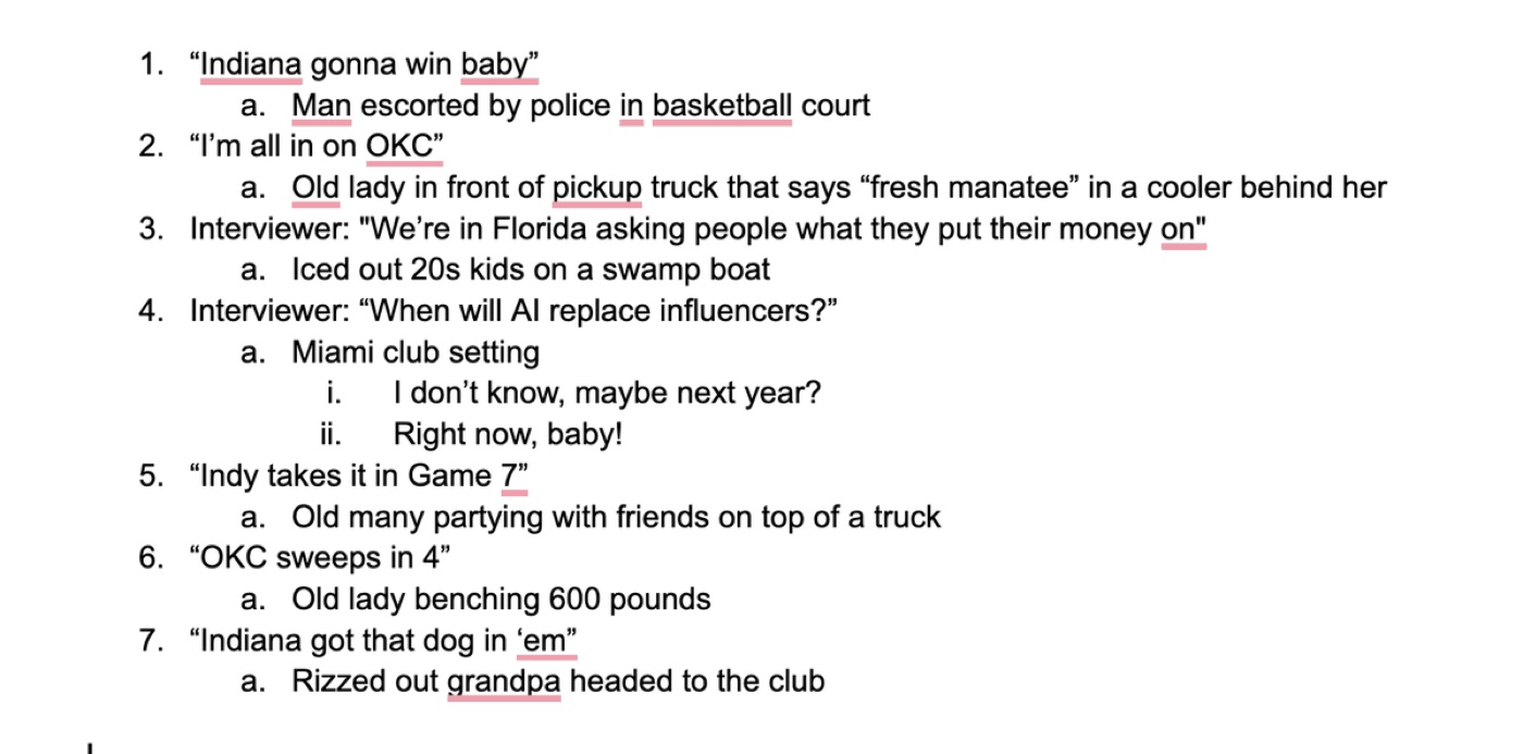 PJ Accetturo's numbered shot list for the Kalshi ad, pairing each bet line of dialogue with its visual concept, including item 7: Indiana got that dog in 'em, a rizzed out grandpa headed to the club