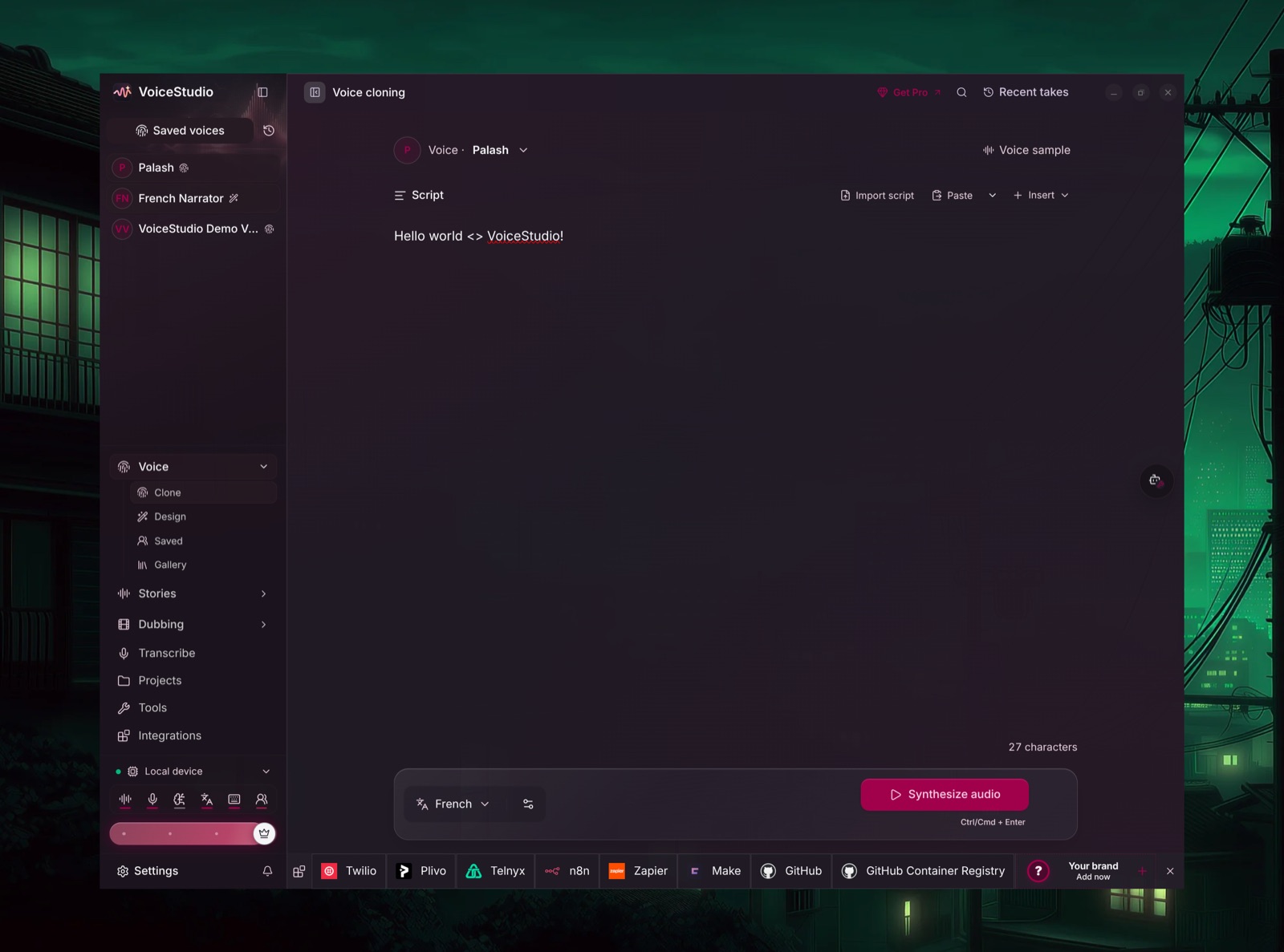 The VoiceStudio Voice cloning workspace, with a saved voice selected at the top, a Voice sample control at the top right, a Script box holding a line of text, a French language picker and a Synthesize audio button at the bottom, and a Get Pro link in the top bar