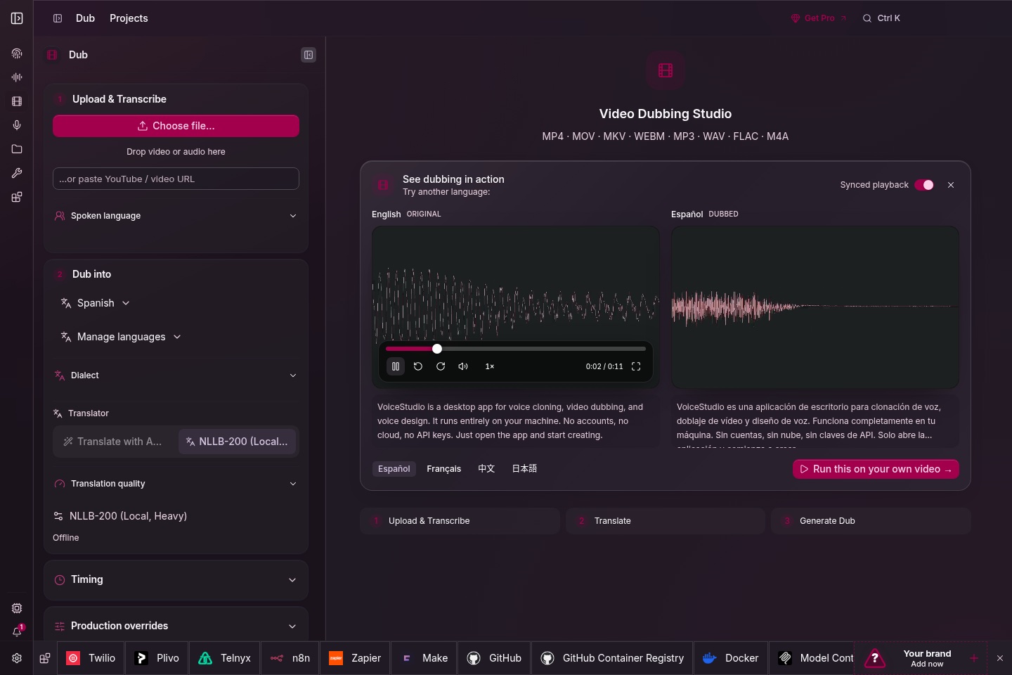 The VoiceStudio Video Dubbing Studio, with an upload panel and a YouTube URL field on the left, Spanish selected as the target language, the NLLB-200 local translator marked Offline, and a demo comparing the English original waveform with the Spanish dubbed version